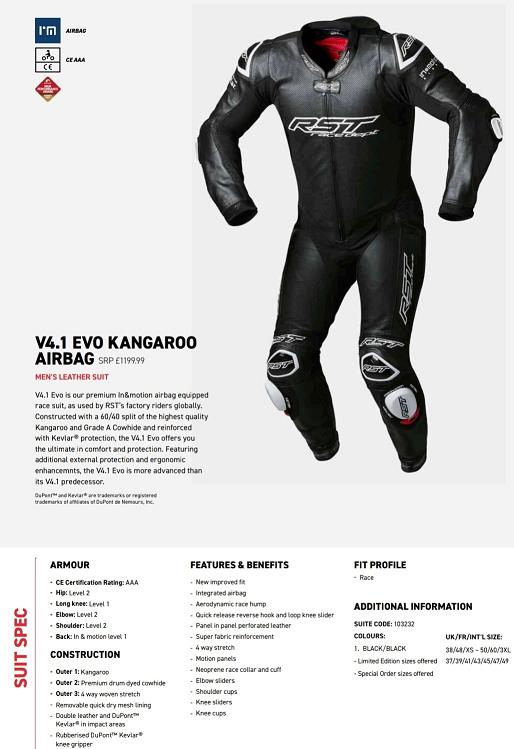 RST V4.1 EVO kangaroo airbag leather 1 piece suit